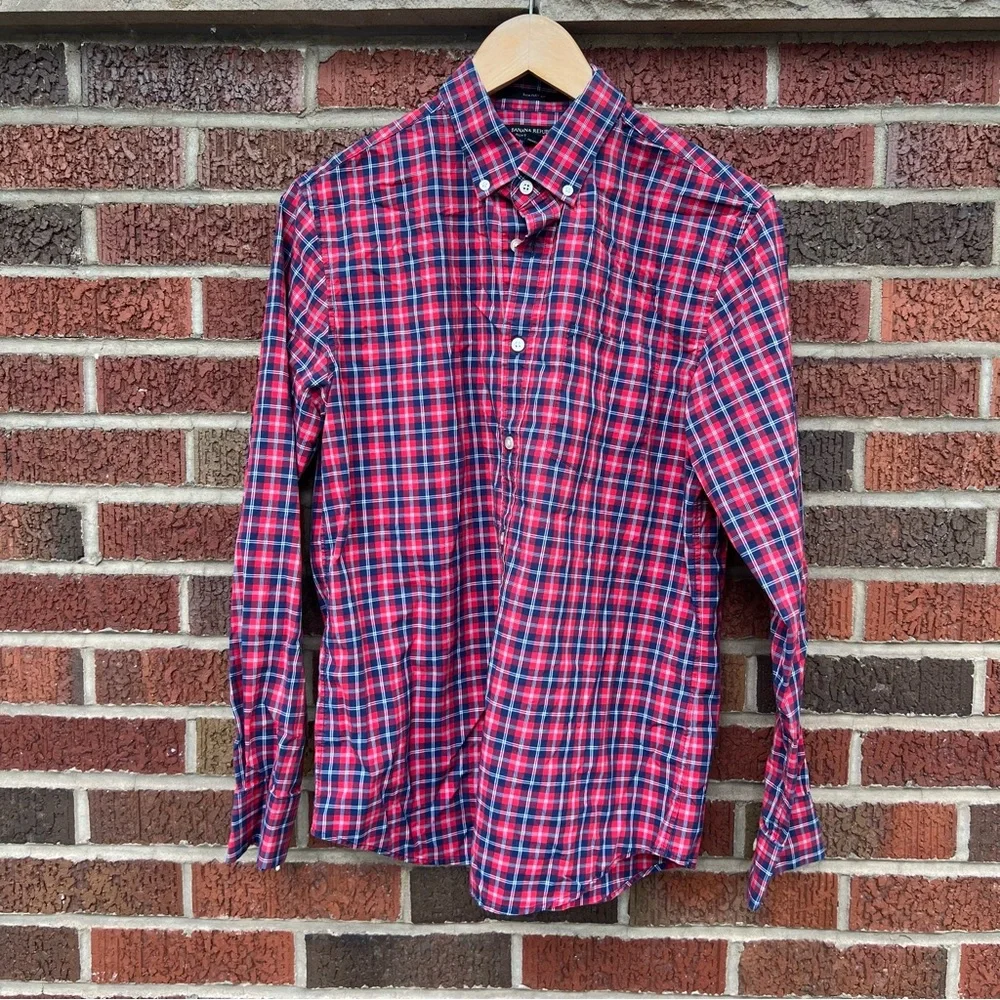 Banana Republic Red and Navy Blue Gingham Print Button Down Dress Shirt